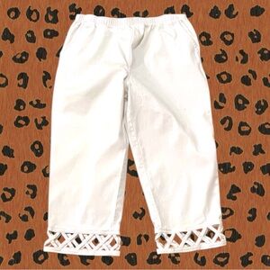 Denim & Co White Pull-on Elastic Cropped Pants Lattice Detail Cotton-Spandex